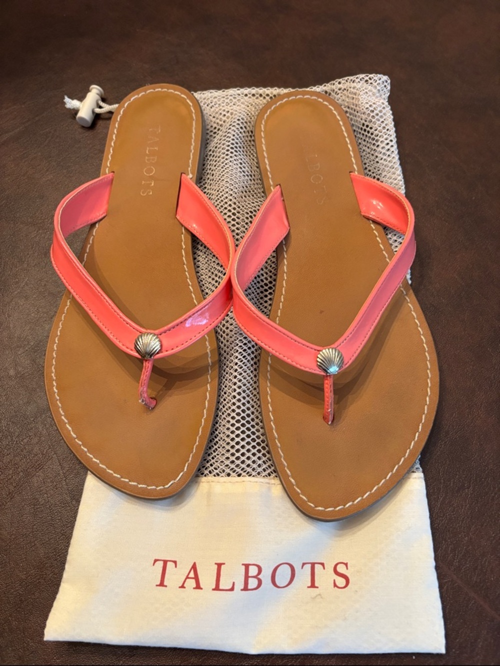 Talbots Coral Patent Leather Thong Sandals with Shell Accent
